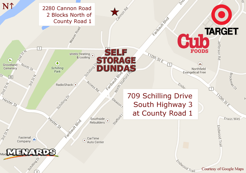 self_storage_location Self Storage Dundas is conveniently located at 709 Schilling Drive in Dundas, Minnesota. Just south of Target and Cub and just north of Menards and K Mart on the west side of Highway 3 at County Road 1. On the north end of Dundas just south of Northfield.